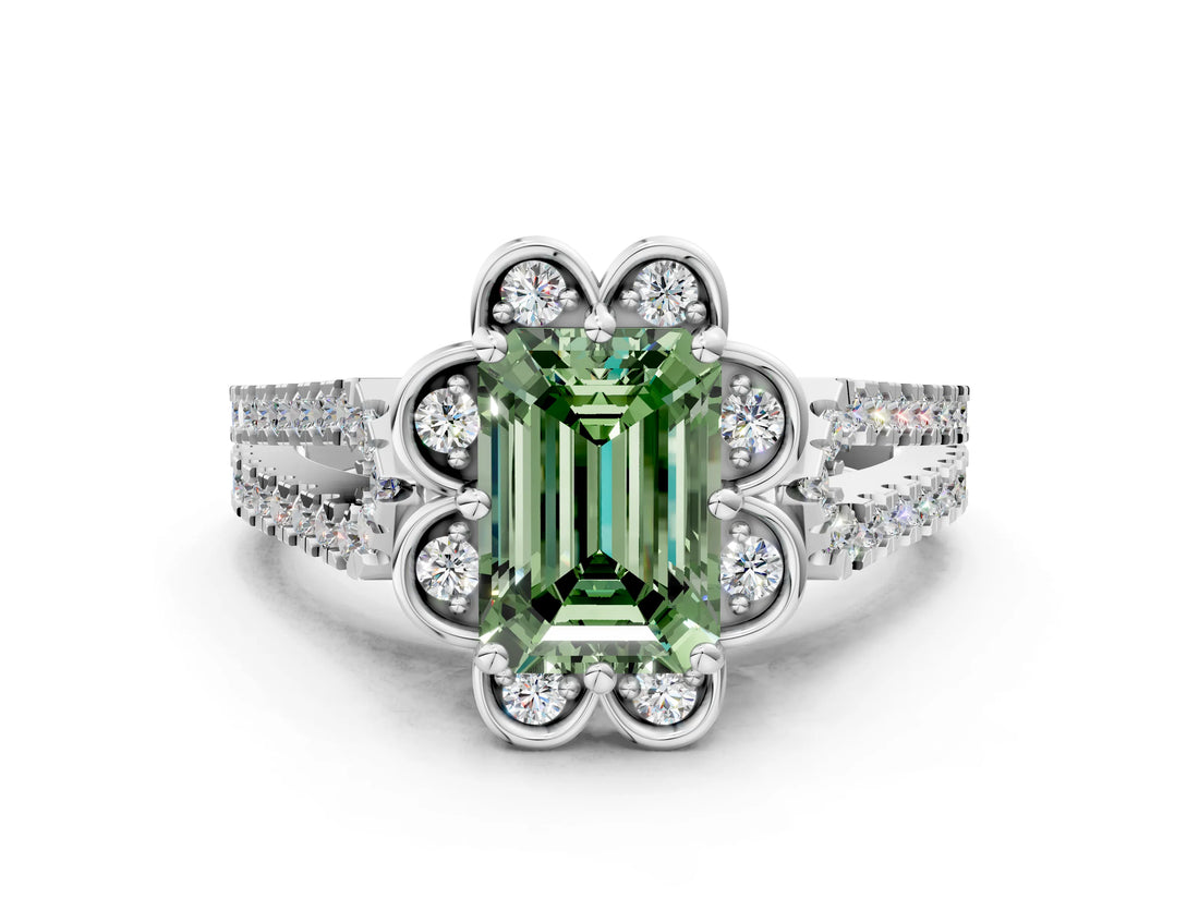 Platinum Fancy Green Emerald  Halo Diamond Floral Split Shank Engagement Ring