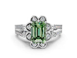 Platinum Fancy Green Emerald  Halo Diamond Floral Split Shank Engagement Ring