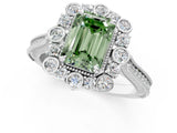 Platinum Fancy Green Emerald  Halo Milgrain Pave Diamond Ring with Four-Prong Setting 1