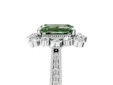 Platinum Fancy Green Emerald  Halo Milgrain Pave Diamond Ring with Four-Prong Setting 5