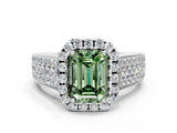Platinum Fancy Green Emerald  Halo Round Diamond Pave Band with Prong Setting 1