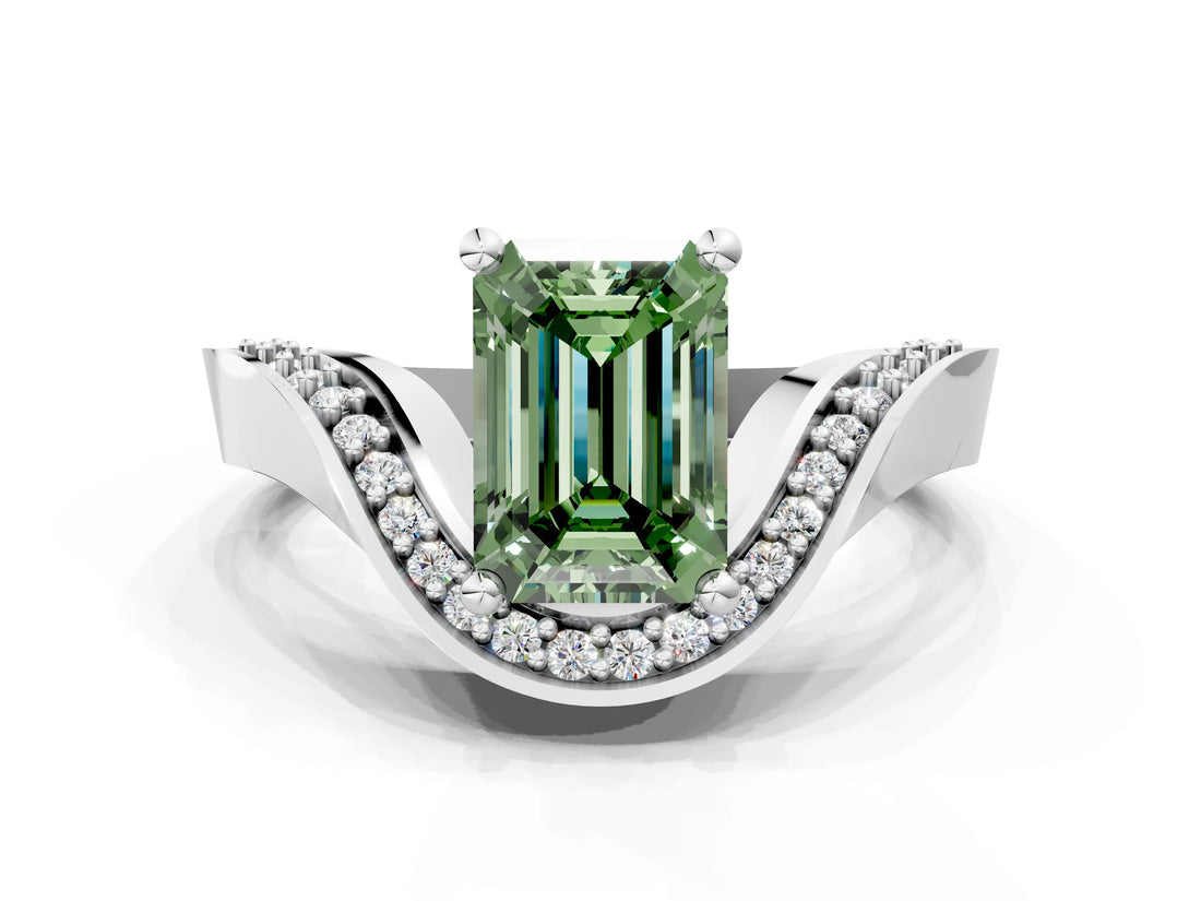 Platinum Fancy Green Emerald  Solitaire Diamond Engagement Ring with Pave Band and Four-Prong Setting 1