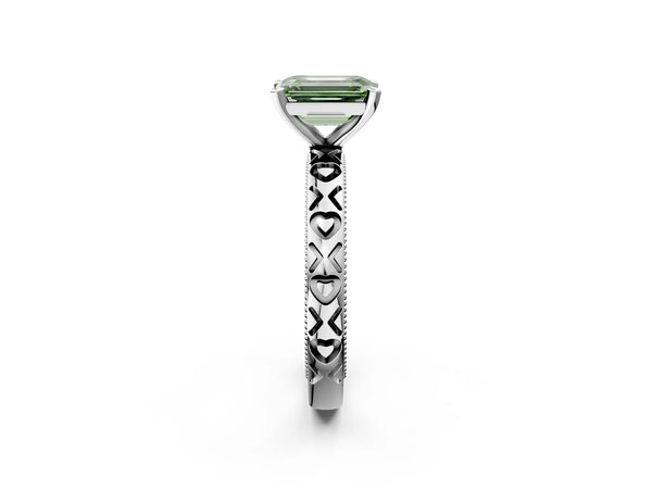 Platinum Fancy Green Emerald  Solitaire Diamond Engagement Ring with XO Engraved Band and Four-Prong Setting