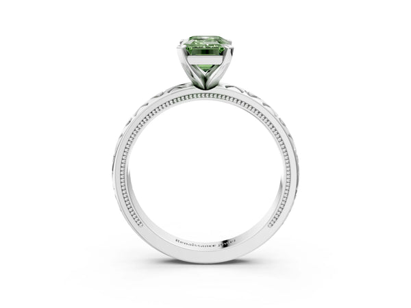 Platinum Fancy Green Emerald  Solitaire Diamond Engagement Ring with XO Engraved Band and Four-Prong Setting