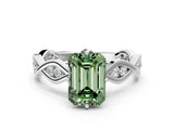 Platinum Fancy Green Emerald  Solitaire Twist Band with Leaf Prong Setting