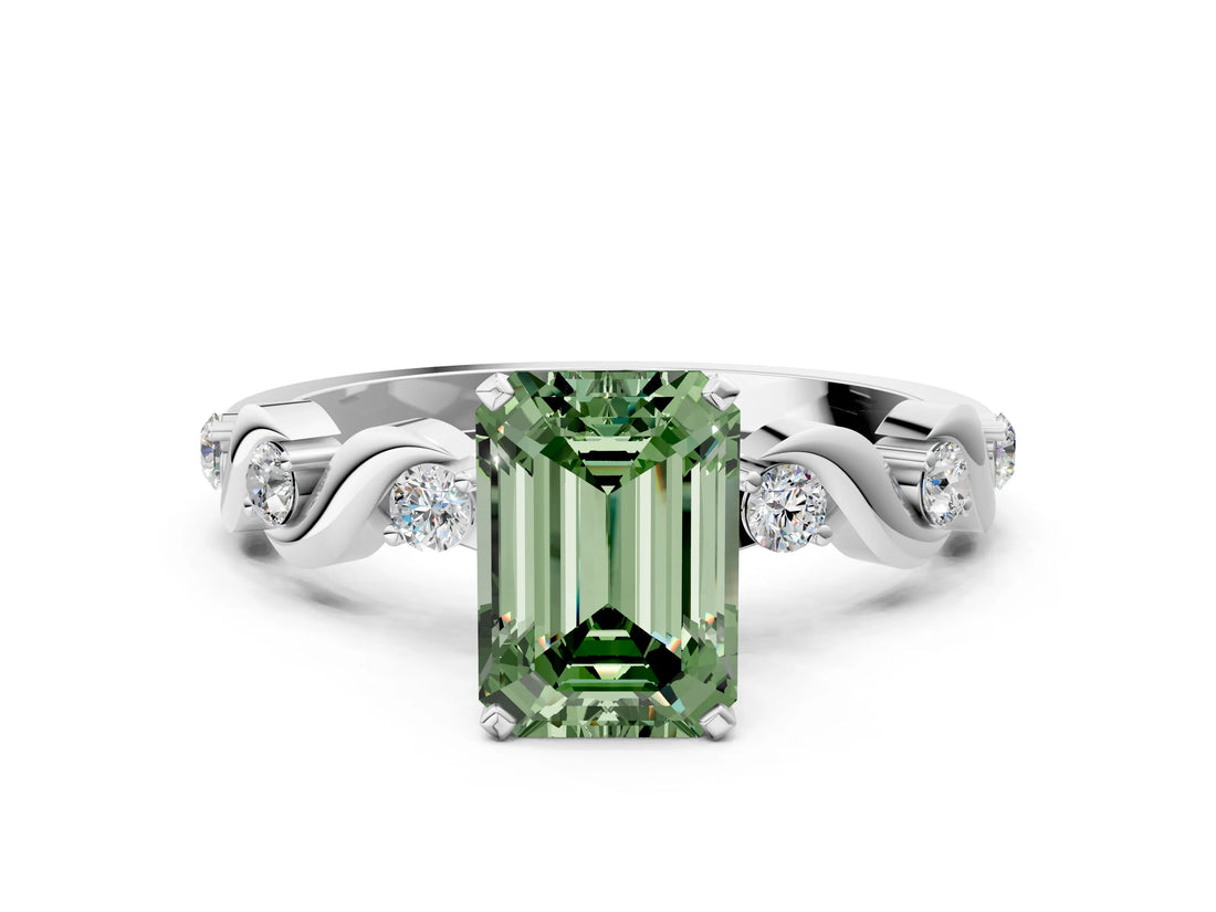 Platinum Fancy Green Emerald  Solitaire Twisted Band with Prong Setting 1