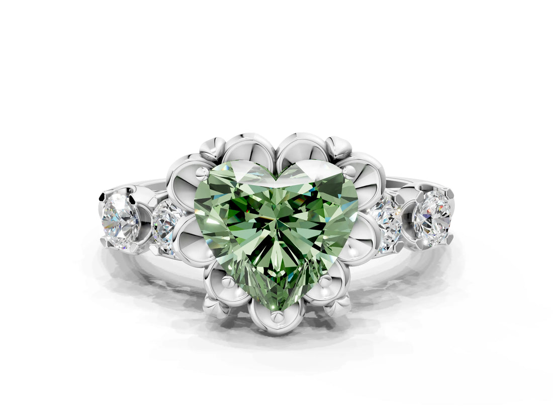 Platinum Fancy Green Heart  Cut Diamond Floral Halo Engagement Ring with Shared Prong Setting 1