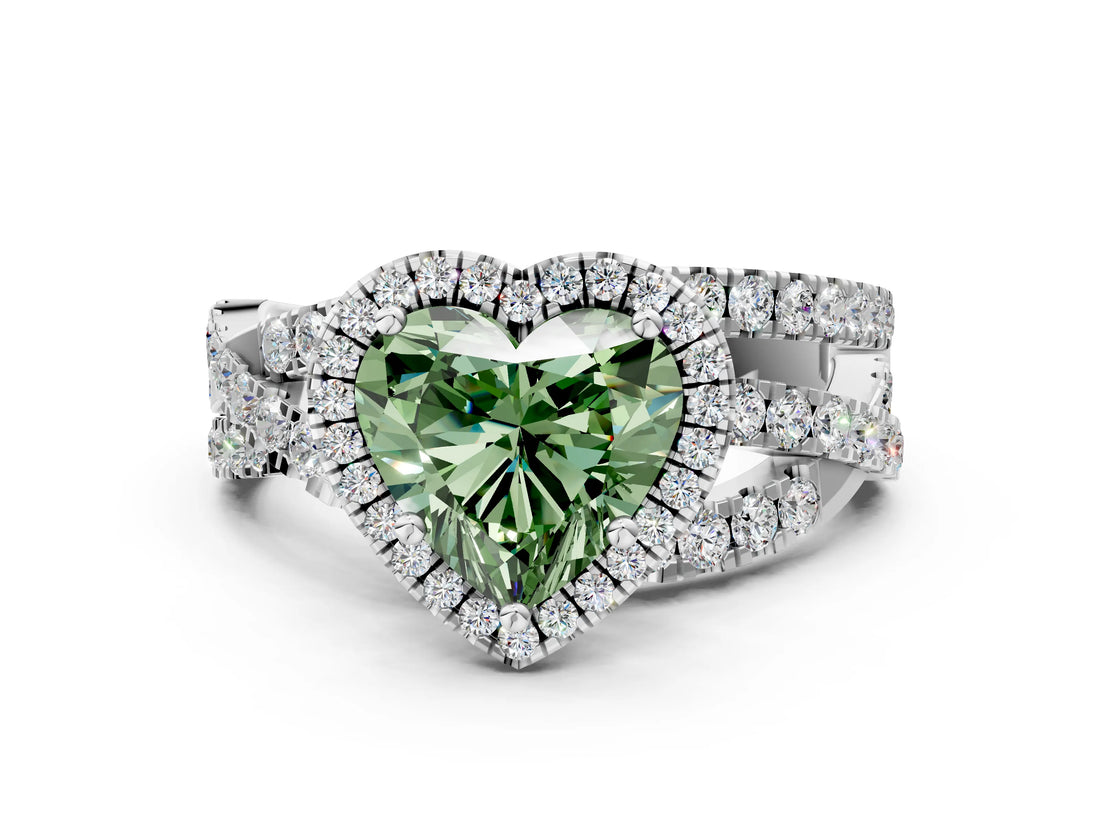 Platinum Fancy Green Heart Cut Diamond Halo Ring with Round Split Shank and Prong Setting