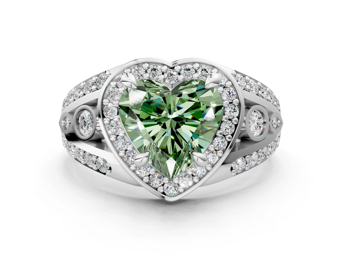 Platinum Fancy Green Heart Cut Diamond Halo Ring with Split Shank and Bezel Accents and Four-Prong Setting_12