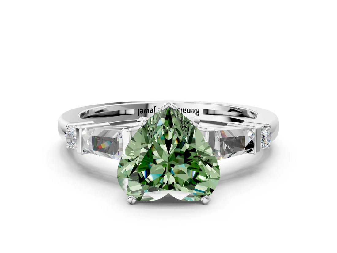 Platinum Fancy Green Heart  Cut Diamond Ring with Baguette Side Stones, Channel Set Band, and Four-Prong Setting_12