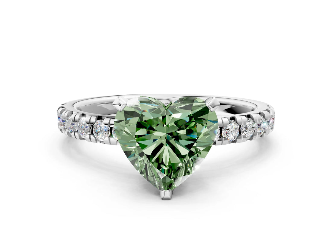 Platinum Fancy Green Heart Cut Diamond Solitaire Pavé Engagement Ring with Round Band and Prong Setting