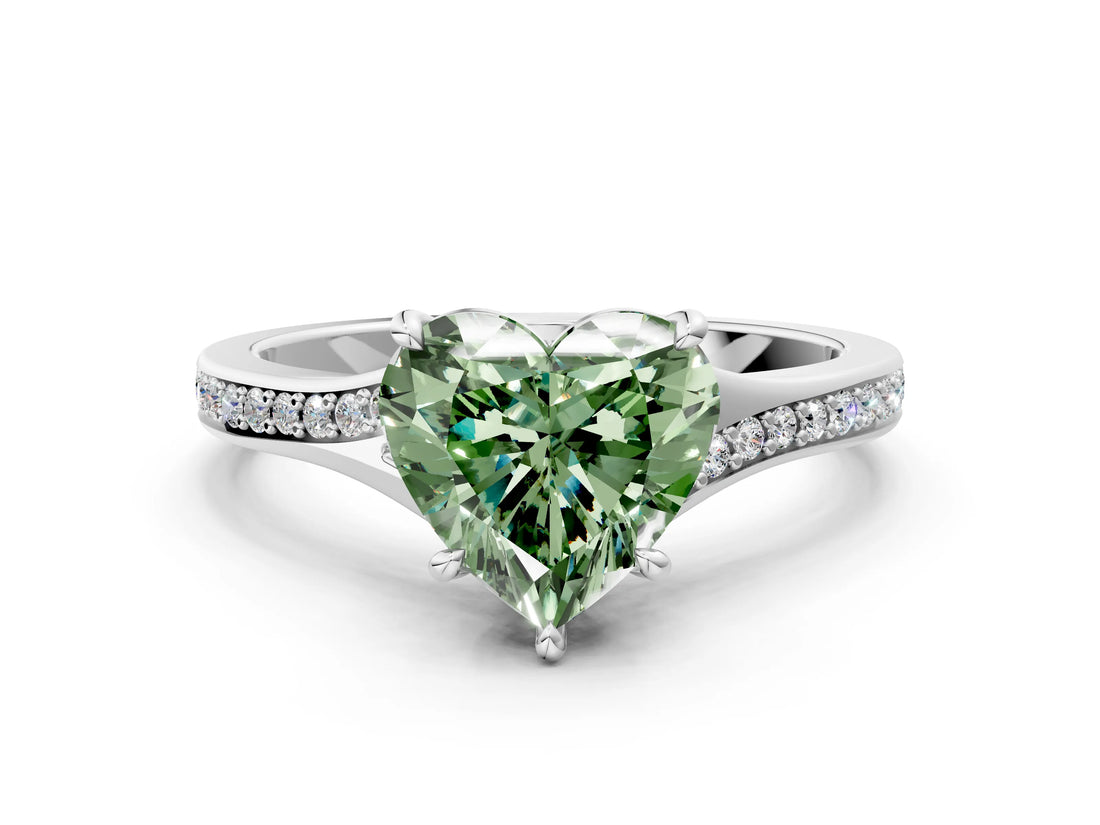 Platinum Fancy Green Heart Cut Diamond Solitaire Ring with Pavé Band and Prong Setting_12