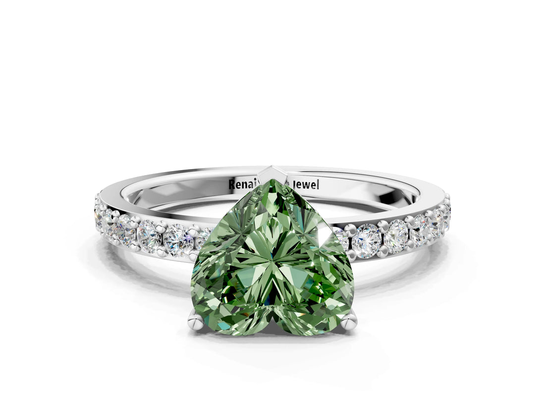 Platinum Fancy Green Heart  Cut Diamond Solitaire with Pave Band and Four-Prong Setting 1