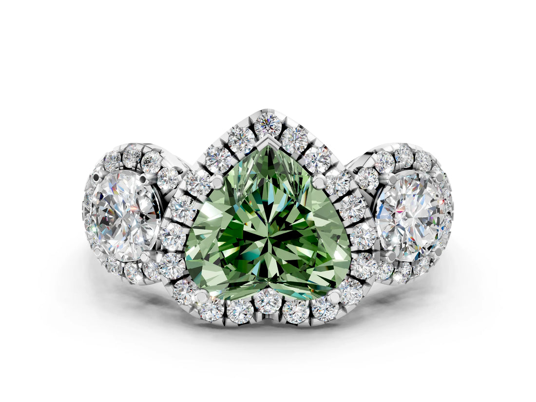 Platinum Fancy Green Heart Cut Diamond Three-Stone Halo Ring with Prong Setting and Pavé Accents_12