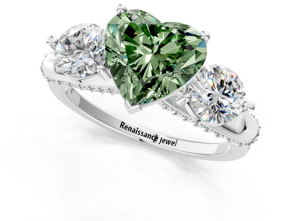 Platinum Heart-Shaped Curved Pave Three Stone Engagement Ring Setting for Fancy Green Center