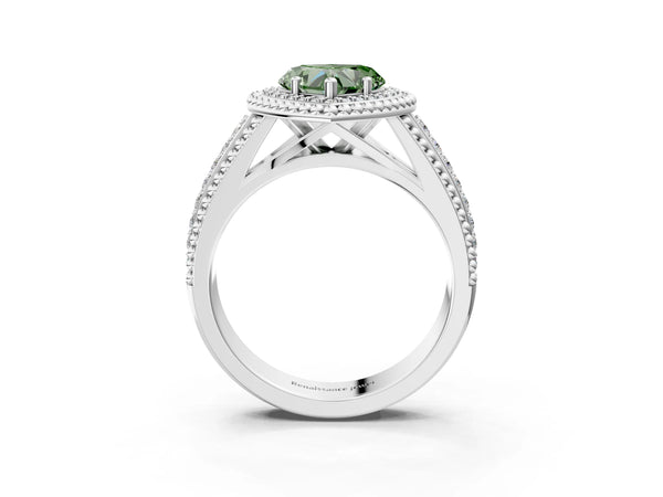 Platinum Heart-Shaped Beaded Halo Engagement Ring Setting for Fancy Green Center with Pave