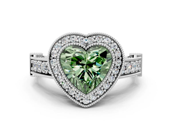 Platinum Heart-Shaped Vintage Bezel Halo Engagement Ring Setting for Fancy Green Center