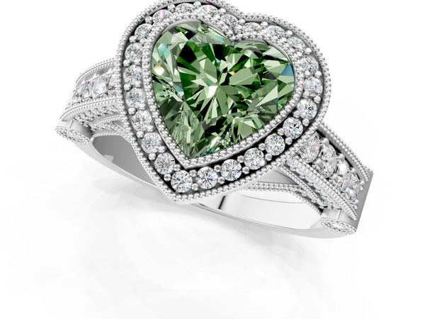 Platinum Heart-Shaped Vintage Bezel Halo Engagement Ring Setting for Fancy Green Center