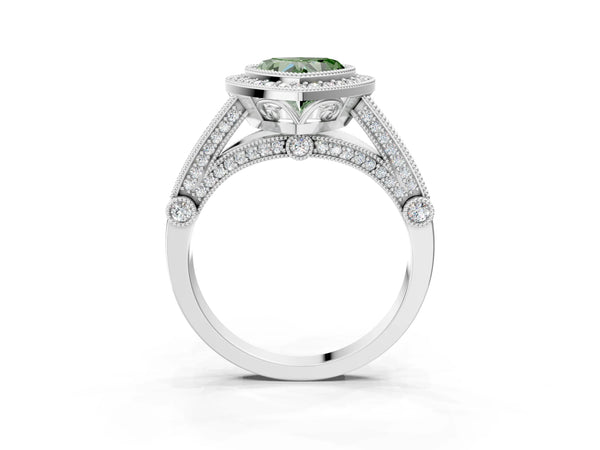 Platinum Heart-Shaped Vintage Bezel Halo Engagement Ring Setting for Fancy Green Center