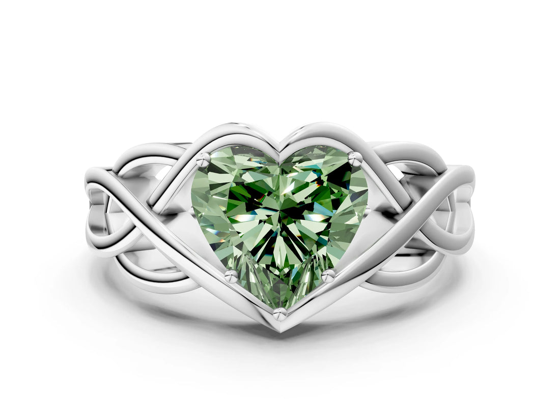 Platinum Fancy Green Heart Cut Solitaire Intertwined Band Prong Setting Ring_6