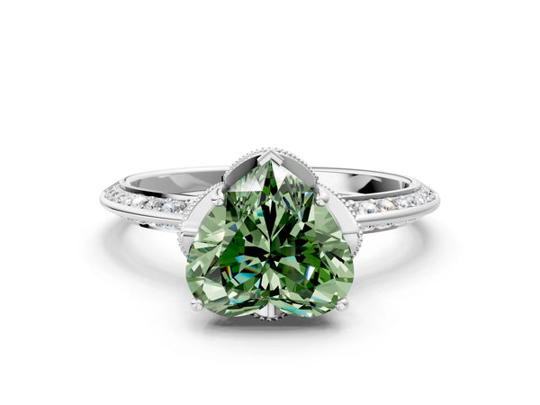 Platinum Heart-Shaped Graduated Pave Engagement Ring Setting for Fancy Green Center
