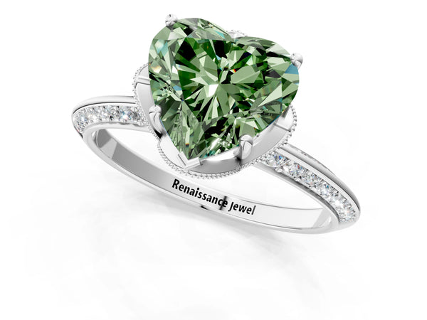 Platinum Heart-Shaped Graduated Pave Engagement Ring Setting for Fancy Green Center