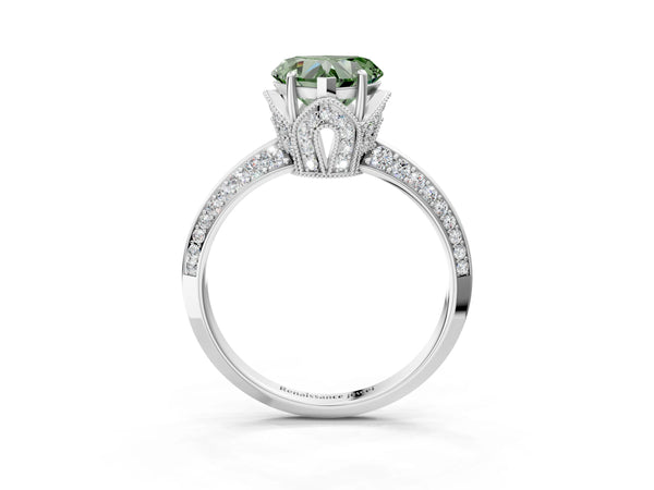 Platinum Heart-Shaped Graduated Pave Engagement Ring Setting for Fancy Green Center