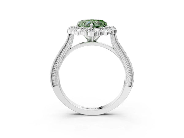 Platinum Fancy Green Heart  Halo Milgrain Pave Diamond Ring with Four-Prong Setting