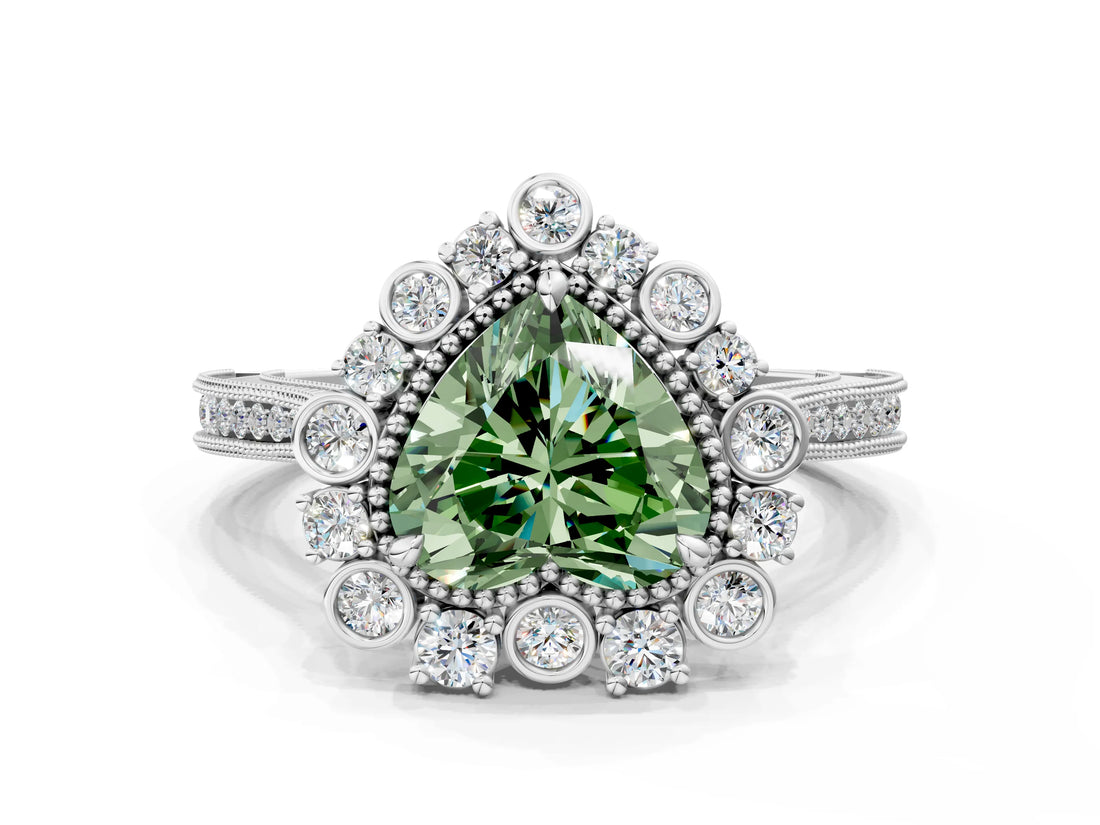 Platinum Fancy Green Heart  Halo Milgrain Pave Diamond Ring with Four-Prong Setting