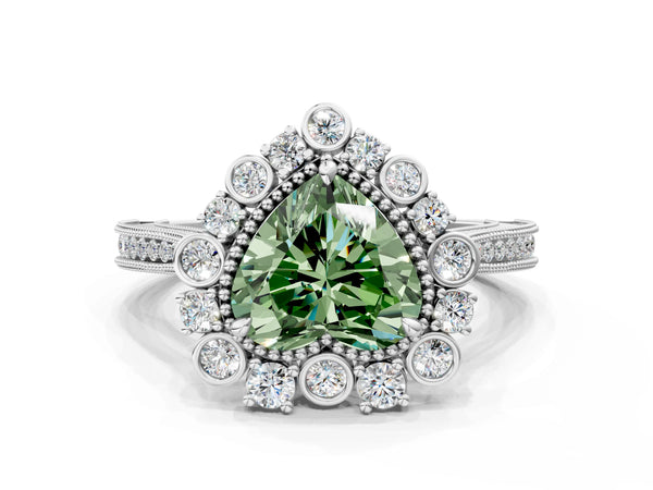 Platinum Fancy Green Heart  Halo Milgrain Pave Diamond Ring with Four-Prong Setting