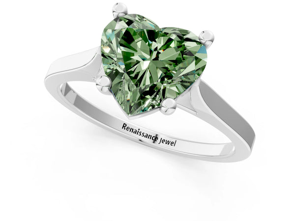 Platinum Fancy Green Heart  Solitaire Diamond Ring with Four-Prong Setting and Tapered Band