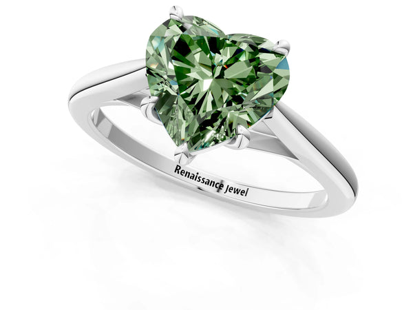 Platinum Fancy Green Heart  Solitaire Engagement Ring with Four-Prong Setting and Classic Band
