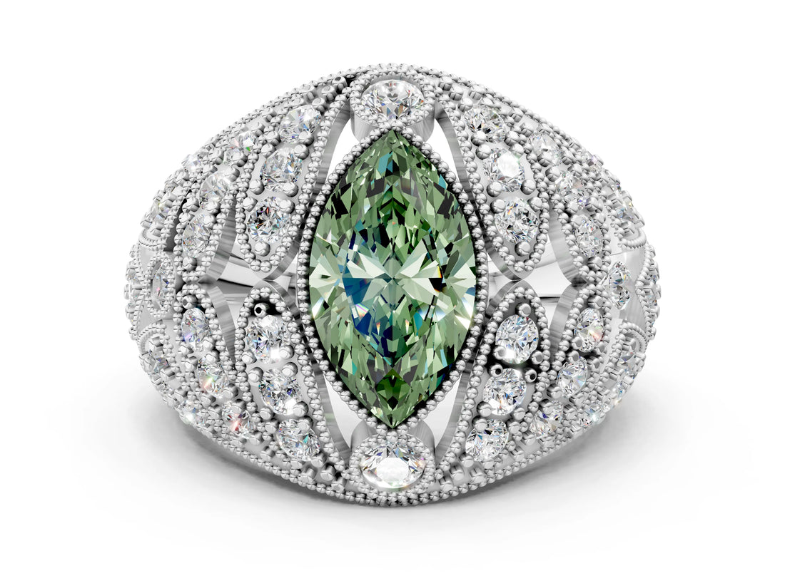 Platinum Fancy Green Marquise Cut Brilliant Halo Pave Diamond Milgrain Ring_6