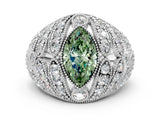 Platinum Fancy Green Marquise Cut Brilliant Halo Pave Diamond Milgrain Ring_6