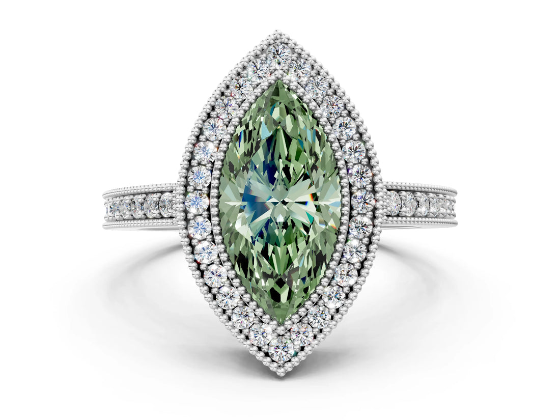 Platinum Fancy Green Marquise Cut-Cut Diamond Halo Engagement Ring with Pave Band and Prong Setting_6