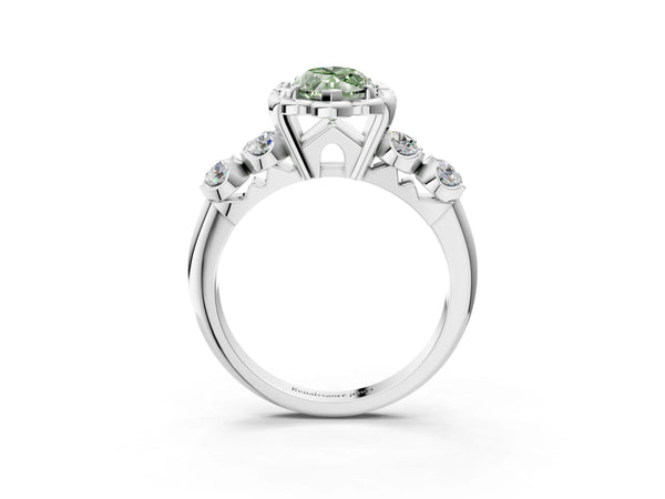 Platinum Fancy Green Marquise  Cut Diamond Floral Halo Engagement Ring with Shared Prong Setting