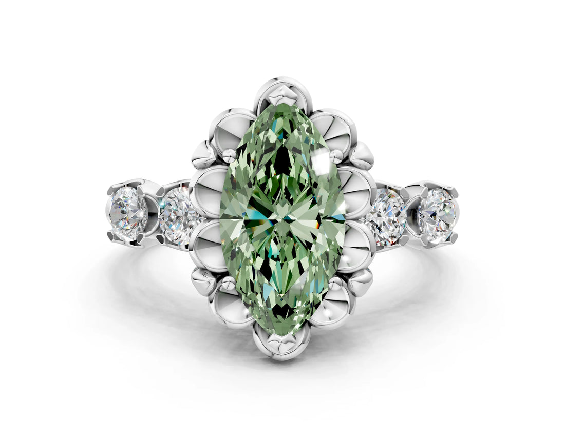 Platinum Fancy Green Marquise  Cut Diamond Floral Halo Engagement Ring with Shared Prong Setting