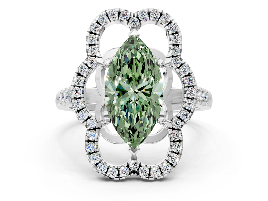 Platinum Fancy Green Marquise Cut Diamond Floral Halo Split Shank Prong Setting Ring_60
