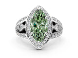 Platinum Fancy Green Marquise Cut Diamond Halo Ring with Split Shank and Bezel Accents and Four-Prong Setting_6