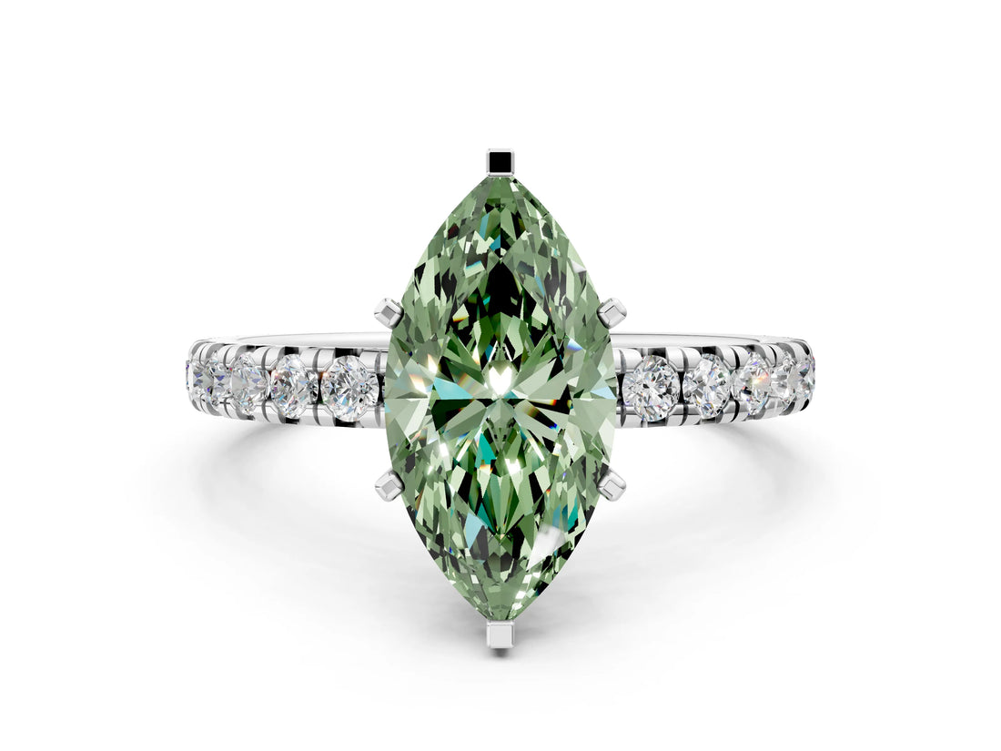 Platinum Fancy Green Marquise Cut Diamond Pavé Solitaire Ring with Round Band and Prong Setting
