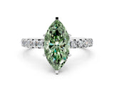 Platinum Fancy Green Marquise Cut Diamond Pavé Solitaire Ring with Round Band and Prong Setting