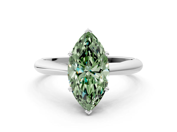 Platinum Fancy Green Marquise Cut Diamond Solitaire Engagement Ring with Cathedral Setting and Four-Prong Mount