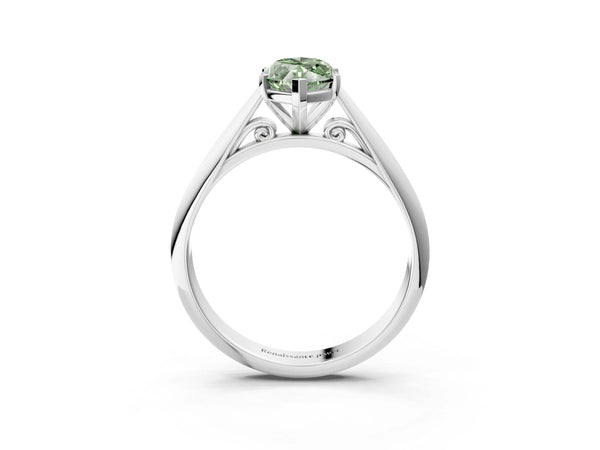 Platinum Fancy Green Marquise Cut Diamond Solitaire Engagement Ring with Cathedral Setting and Four-Prong Mount