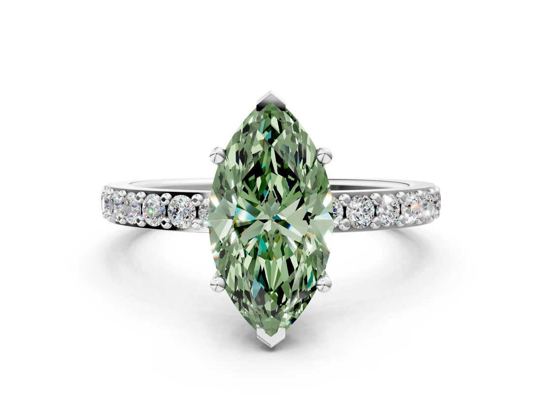 Platinum Fancy Green Marquise  Cut Diamond Solitaire with Pave Band and Four-Prong Setting