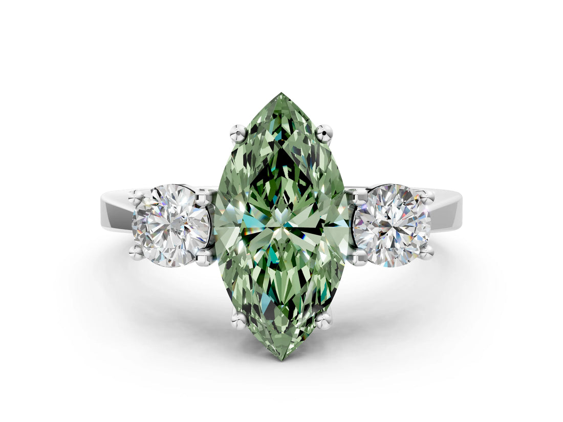 Platinum Fancy Green Marquise Cut Diamond Three-Stone Engagement Ring with Prong Setting and Pavé Band_12