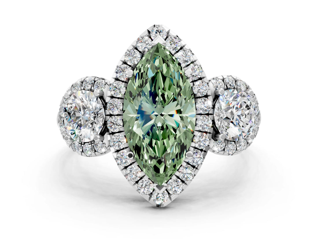 Platinum Fancy Green Marquise Cut Diamond Three-Stone Halo Ring with Prong Setting and Pavé Accents_12