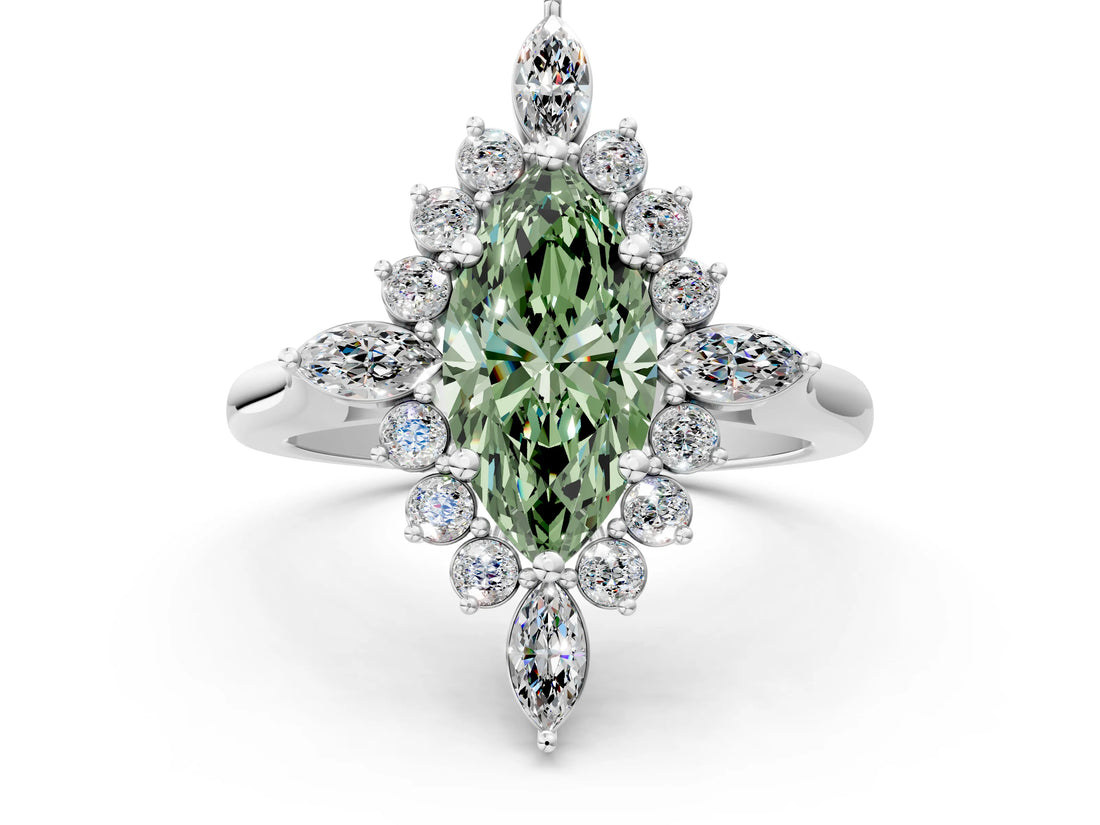 Platinum Fancy Green Marquise Cut Halo Diamond Cluster Ring with Marquise and Round Stones on a White Gold Band with Prong Setting