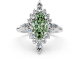 Platinum Fancy Green Marquise Cut Halo Diamond Cluster Ring with Marquise and Round Stones on a White Gold Band with Prong Setting