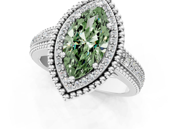 Platinum Marquise Beaded Halo Engagement Ring Setting for Fancy Green Center with Pave