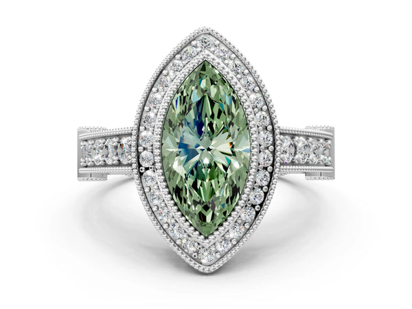 Platinum Marquise Vintage Bezel Halo Engagement Ring Setting for Fancy Green Center